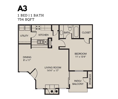 Oak Tree Village 1 Bedroom Floor Plan A3